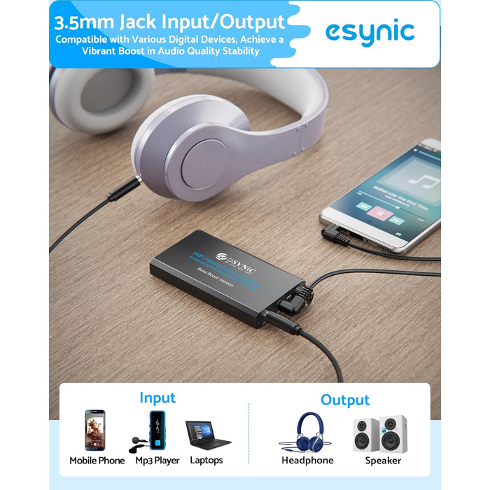 eSynic Професійний підсилювач навушників з підсиленням басів, 16-300 Ом, портативний, 3.5mm, для MP3, MP4, телефонів, комп'ютерів