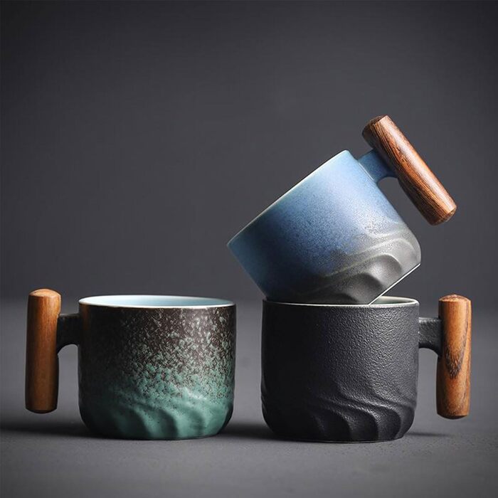 Набір з 4 еспресо-чашок ERBO 70 мл, преміум-кераміка, з ручкою, чорний + синій (2 набори)