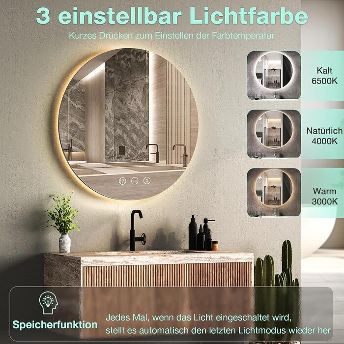 Круглий дзеркало для ванної кімнати з підсвічуванням, 80 см, 3 кольори світла, диммування, антизапар, сенсорне управління, функція пам'яті, LED, енергозбереження