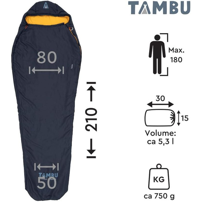 Спальний мішок Tambu Mumienschlafsack 80x210см - компактний - літо, осінь та зима. Теплий спальний мішок для кемпінгу, подорожей та фестивалів. PFC-free (Синьо-осінній)