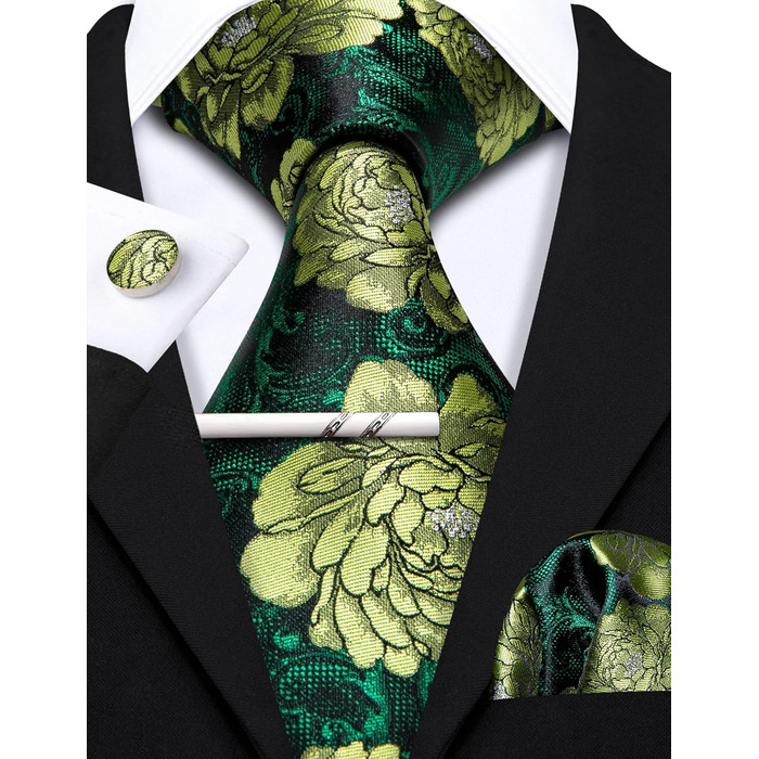 Краватка Barry.Wang для хлопчиків, 119.9 см, самов'язування, краватка-кишеньковий хустинка, шкільна форма, випускний, виступ, вік 6–15 років (Темно-зелена квітка)