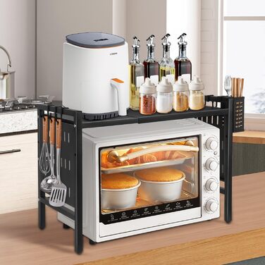 Поличка для мікрохвильової печі 3-рівнева, органайзер з гачками, розширювана, висувна (40-64см), з вуглецевої сталі (чорна, з перфорованим листком, 42-68*36*46см)