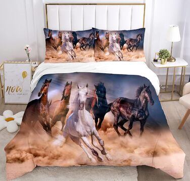 Комплект постільної білизни JEFFEL Horse 135x200 см, дитяча постільна білизна, кінський мотив 3D мотив тварини, мікрофібра, дуже м'яка, дитячий комплект постільної білизни з підковдрою та наволочкою (220x240cm, Horse-2) 220x240cm Horse-2