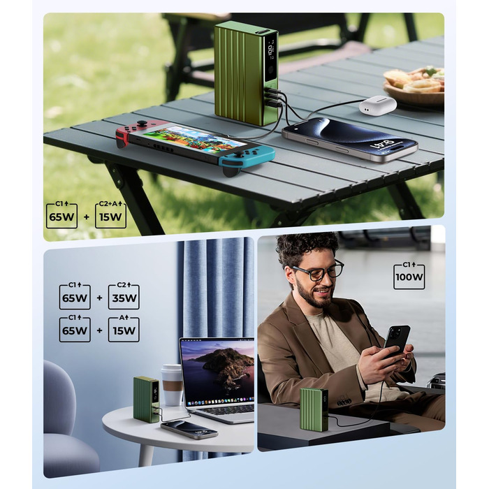 Power Bank KU XIU 25000mAh 100W з 3-портом, LCD-дисплеєм, PD 3.0 для MacBook, iPhone, Galaxy, iPad (Зелений)