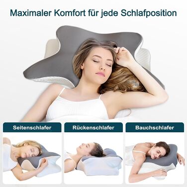 Ортопедична подушка для шиї з ефектом пам'яті (Memory Foam) — Ергономічна подушка-метелик для сну на боці та спині, регульована висота, проти болю в шиї та HWS, мийний чохол