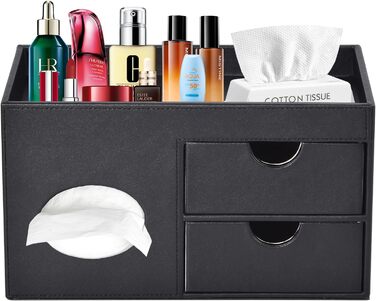 Tissue Box Linen with Drawers, Square Cosmetic Tissue Box with Magnetic Closure, Tissue Box with Side Pocket for Cell Phones, Cosmetic Brushes, Remote Controls, Office Supplies, Perfumes (Black)
