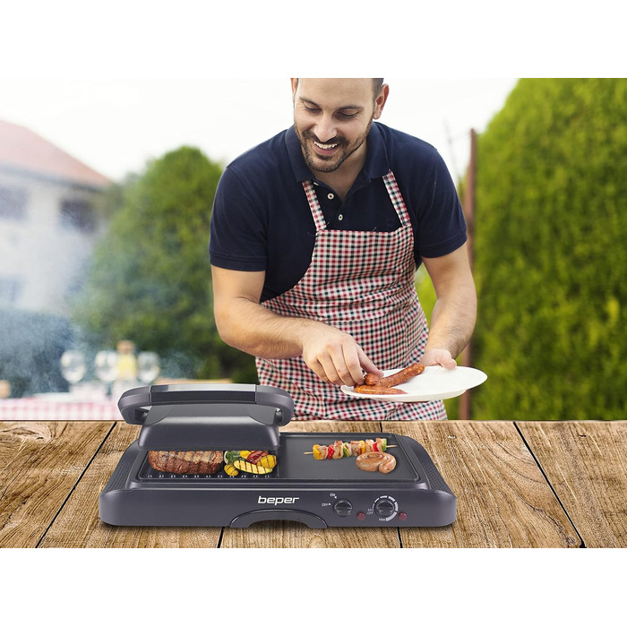 BEPER Electric Grill with Glass Lid - Non-Stick Coated Plate, Stainless Steel, 1600W