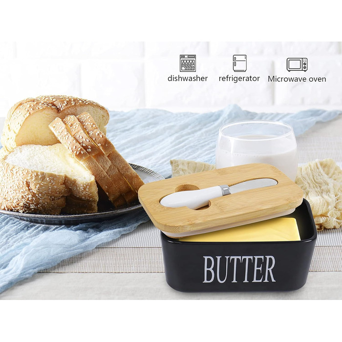 Porcelain butter dish with lid, airtight silicone butter keeper for butter, nuts, cheese, plus butter spreader.
