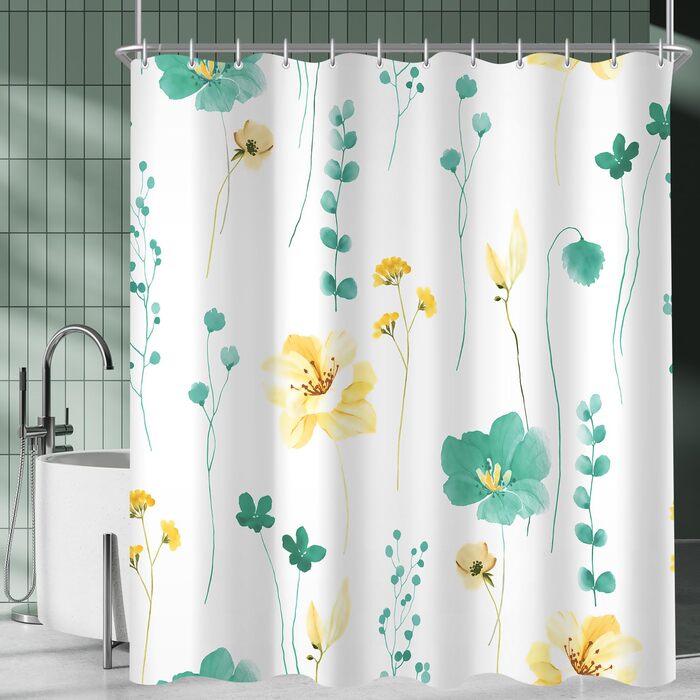 Штора для ванної кімнати 240x200 см, квіти, антигрибкова, водовідштовхувальна, поліестер, з кільцями для душу (М'ятний)