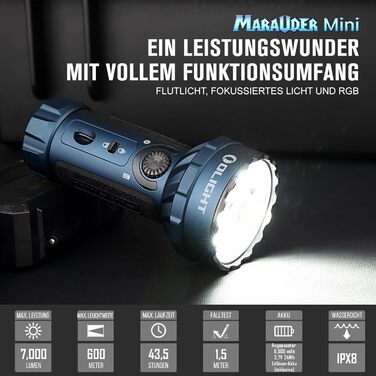 OLIGHT Marauder Mini LED ліхтар Super Hell 7000 Lumen, 600 метрів, акумуляторний, з прожектором та світловим потоком, 3 кольори LED, датчик відстані, для активного відпочинку (Темний синій)