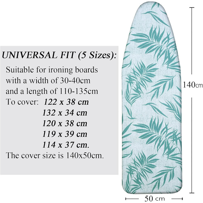 Чохол для прасувальної дошки, 140 x 50 см, великий, з бавовни, товста підкладка, простий у використанні, стійкий до подряпин, зелені листки, розмір L