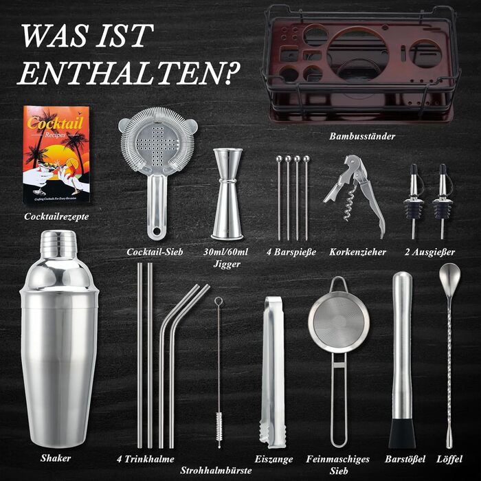 Набір для коктейлів Boston Cocktail Shaker Set 20 предметів з підставкою, 825 мл, нержавіюча сталь, для дому, професійний, з аксесуарами та рецептами, ідеальний подарунковий набір (сріблястий)