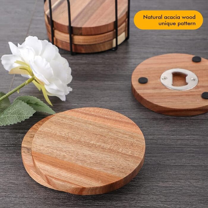 Acacia Wood Coasters Set of 6 with Bottle Opener, Wooden Coasters for Drinks with Holder, Table Protector for Home and Office Decor