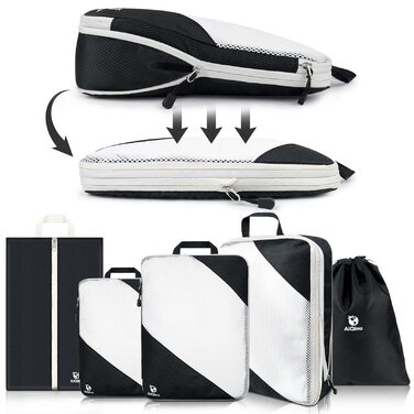 Органайзери для валіз AiQInu, 5 шт. - Набір для пакування з компресійними мішками, мішок для білизни та для взуття. Легкі, розширювані, для ручної поклажі (Чорний)