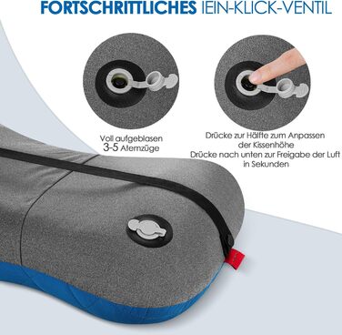 Надувна подушка для кемпінгу та подорожей HIKENTURE з знімним чохлом, ергономічна подушка для голови, зручна подушка для шиї для подорожей/відпочинку на природі (Блакитний)