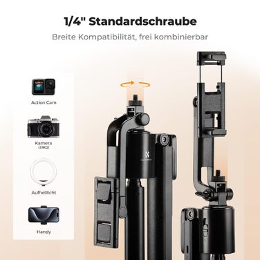 Штатив K&F CONCEPT Smart Series з кільцевою світлодіодною лампою, 1.8 м, алюмінієвий, з функцією відстеження обличчя, сумісний з iPhone/Samsung/Android, DJI/Insta Sportkamera