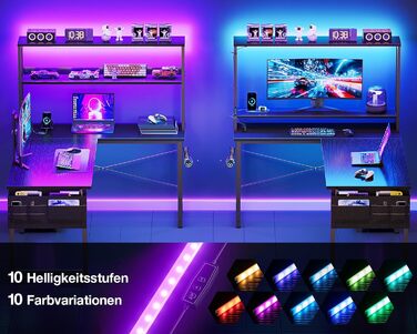 Ігровий стіл Coleshome L-подібної форми з LED-підсвічуванням та розетками, 135 × 100 см. Реверсивний кутовий стіл з полицями для зберігання, з кишенькою для аксесуарів. Чорний колір. Підходить для home office та геймінгу.
