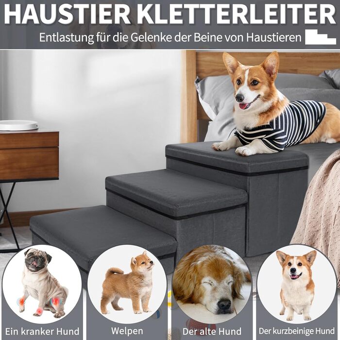Сходинка для тварин Haustiertreppe: компактна складна сходинка для собак та котів, 3 сходинки, сіра, вантажопідйомність 30 кг