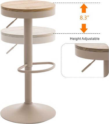 Kidol Adjustable Height Bar Stools 2-Pack - 360° Swivel, Round Wood Seat, Metal Frame - Kitchen/Bar/Living Room Stools