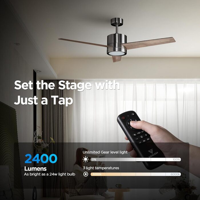 Стеляний вентилятор з підсвіткою для спальні: 132 см, тихий вентилятор з пультом керування, ідеально для вітальні, горіх, 6 швидкостей та трикольорові диммери – 220-240V
