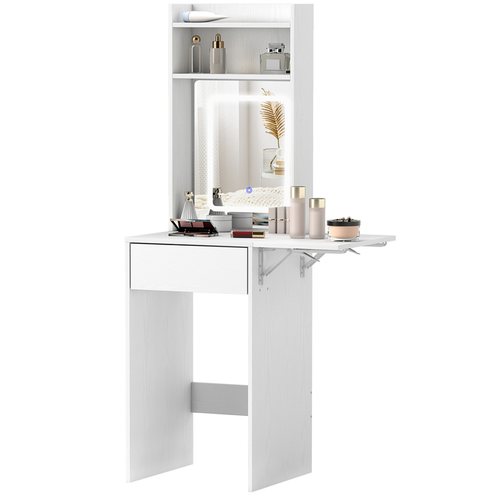 HOMCOM Compact Vanity Table with Mirror and LED Lighting, Folding Tabletop, Open Shelves, Drawer, MDF, White