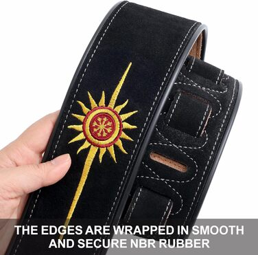 Гітарний ремінь Nefelibata з вишивкою 'n', 2.7', з баварської шкіри, з шампуруванням, для акустичної, бас та електрогітари (Золоте Сонце)