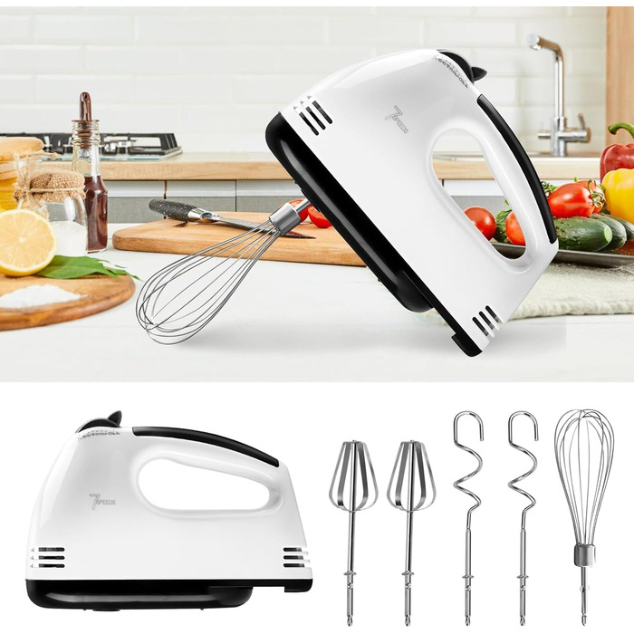 Електричний ручний міксер з нержавіючої сталі, 7 швидкостей, 2 насадки для збивання та 2 гаки для тіста - для кухні