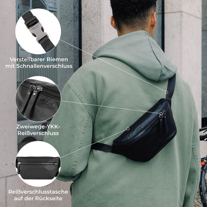 Berliner Bags Преміум Поясна Сумка Noah, Чоловіча/Жіноча Сумка через Плече з Шкіри, Кросбоді, Чорна