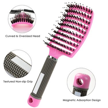 Двопакетна щітка для волосся (чорний та фіолетовий) з щетиною дикого кабана - безшумна, розподіляє олію для волосся, розгладжує пух, дихаюча та прискорює сушіння. Фіолетова поп-щітка (рожева поп-щітка)