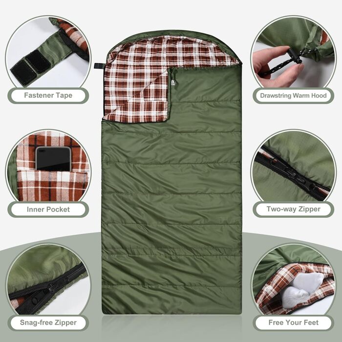 Спальний мішок Baumwoll-Flanell для дорослих: легкий, водонепроникний, 100% бавовна, для кемпінгу, подорожей та відпочинку