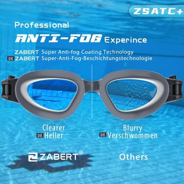 ZABERT W1 Плавальні окуляри для дорослих, антифог, UV-захист, водонепроникні, унісекс, сірі, прозорі лінзи