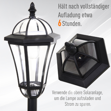 Outsunny 2-St Solar Street Light LED, IP44, ABS, Ø18.5 x H129 cm, Energy Saving Mode, Waterproof, Garden Light with Stainless Steel, Black | Aosom