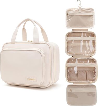 Жіноча/Чоловіча Туалетна Сумка для Подорожей з Металевим Гачком, PU-Шкіра, Велика Ємність, з Прозорим Вікном, Бежева