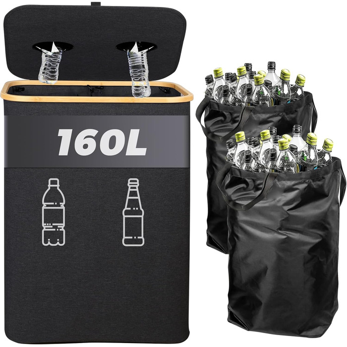 160L Laundry Basket with 2 Compartments, Deposit Bottle Collection Container with Lid, Container for Deposit Bottles & Glass & Paper Waste Collection, Deposit Bottle Container Bamboo with Bag, must have