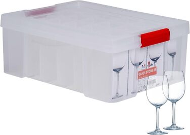 SUNDIS Glass Store, 27L Storage Box with Snap-on Lid, with 24 Compartments for Storing Stemware, Clear Plastic, Reinforced, Stackable