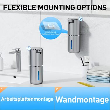Automatic Soap Dispenser Wall Mount with Sensor Infrared, 380ml Electric Soap Dispenser No Drilling with USB Rechargeable, IPX5 Waterproof for Bathroom Toilet Kitchen - Silver