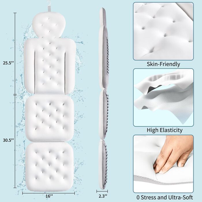 Luxury Bathtub Pillow with Mesh Bag - Thick Head, Neck & Back Support - White - 129.5 x 40.6 cm