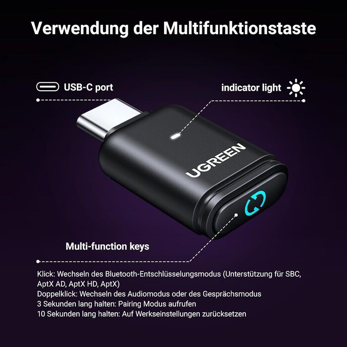Bluetooth адаптер UGREEN USB-C aptX 5.3, аудіо-донгл для PS5, Nintendo Switch та ПК