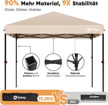 Sekey One-Touch Pop-Up Pavilion 3x3 Waterproof Stable Winter-Proof, Folding Pavilion 3x3m with Thickened Tubes, Party Tent Pavilion Foldable for Camping Festival Party, Khaki