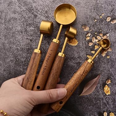 8-Piece Gold Measuring Cup and Spoon Set with Scale, BRIIEC Wooden Handle, Stainless Steel, Dry and Liquid Measuring Cups for Cooking, Baking