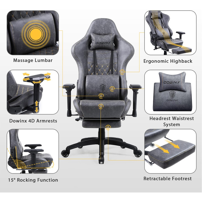 Dowinx Gaming Chair Ergonomic with Massage Office Chair for Computer PU Leather with Retractable Footrest, 4D Armrests Brown