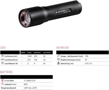 Ліхтарик Ledlenser P7R LED, акумуляторний, фокусування, 1000 люмен, 210 м, 40 годин, чорний