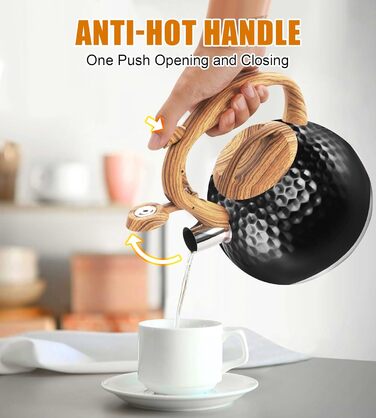 Чайник-свисток Foedo з нержавіючої сталі з дерев'яною текстурою, 3.2 л, для чаю, кави та молока, класичний дизайн, червоний (Чорний-6)