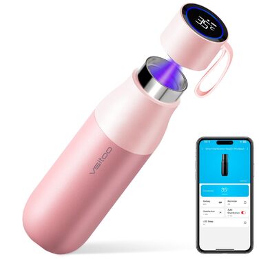 Розумна пляшка-термос VSITOO Mini-Smart 425 мл з самоочищенням, біла (рожевий акцент), з додатком та сенсорним екраном для спорту, офісу, подорожей