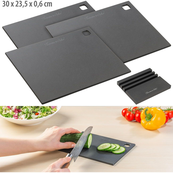 Rosenstein & Söhne Kitchen Cutting Boards: Set of 3 Wood Fiber Cutting Boards with Stand, 30 x 23.5 x 0.6 cm (Wooden Breakfast Boards, Wooden Kitchen Boards)…