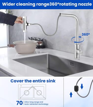 Висувний змішувач для кухні з 4 режимами – нержавіюча сталь, водоспад, високий тиск, 3/8 дюйма, для мийки