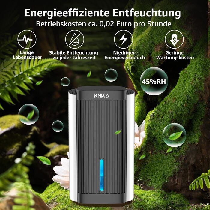 Електричний осушувач повітря KNKA, 1.1 л, тихий (28dB), для дому, ванної кімнати, підвалу, з автовимкненням та нічним режимом, кольорове підсвічування (білий), чорно-білий