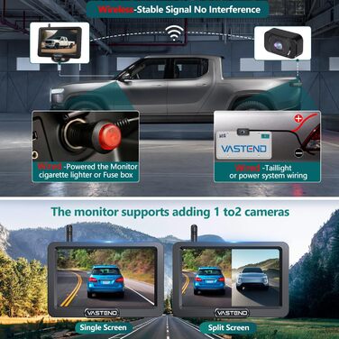 Бездротова HD 1080P камера заднього виду VASTEND з 5'' монітором, нічним баченням, водонепроникна, для авто, SUV та легкових автомобілів, підтримка 2 каналів (V02)