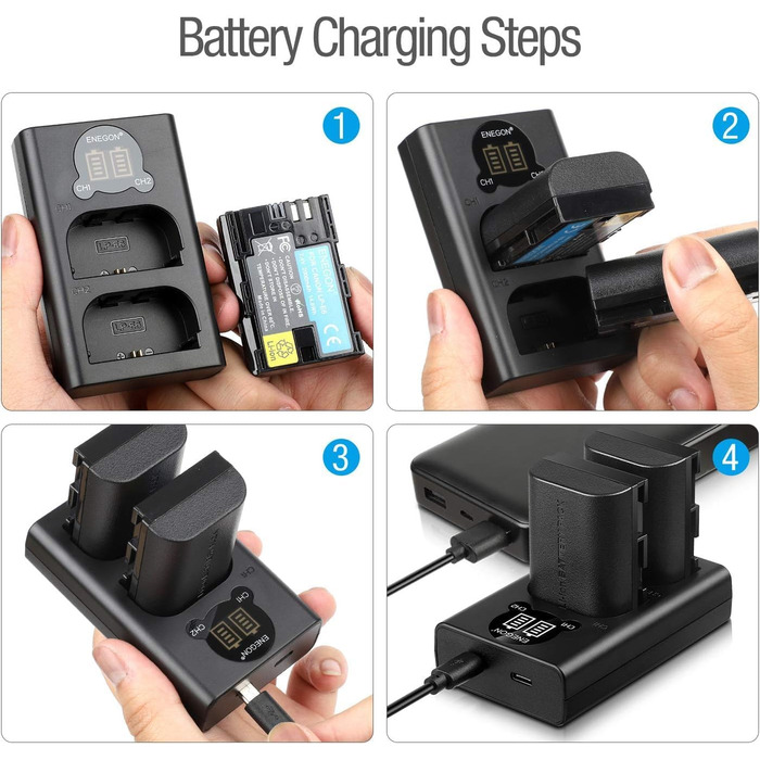 Запасний акумулятор ENEGON LP-E6 (2 шт.) та розумне LED Dual USB зарядне пристрій для Canon LP-E6, LP-E6N та Canon EOS 5D Mark II/III/IV, 5DS, 5DS R, 6D, 7D, 7D Mark II, 60D, 70D, 80D та інші камери 2 x LP-E6 акумулятори + 1 x Dual LED зарядне пристрій