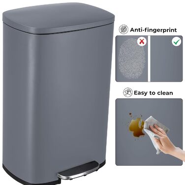 Відро для сміття LIFERUN 30л з кришкою, з м'яким закриттям, сталеве, з внутрішнім відром, для кухні, ванної кімнати, офісу (L-50L, сірий)